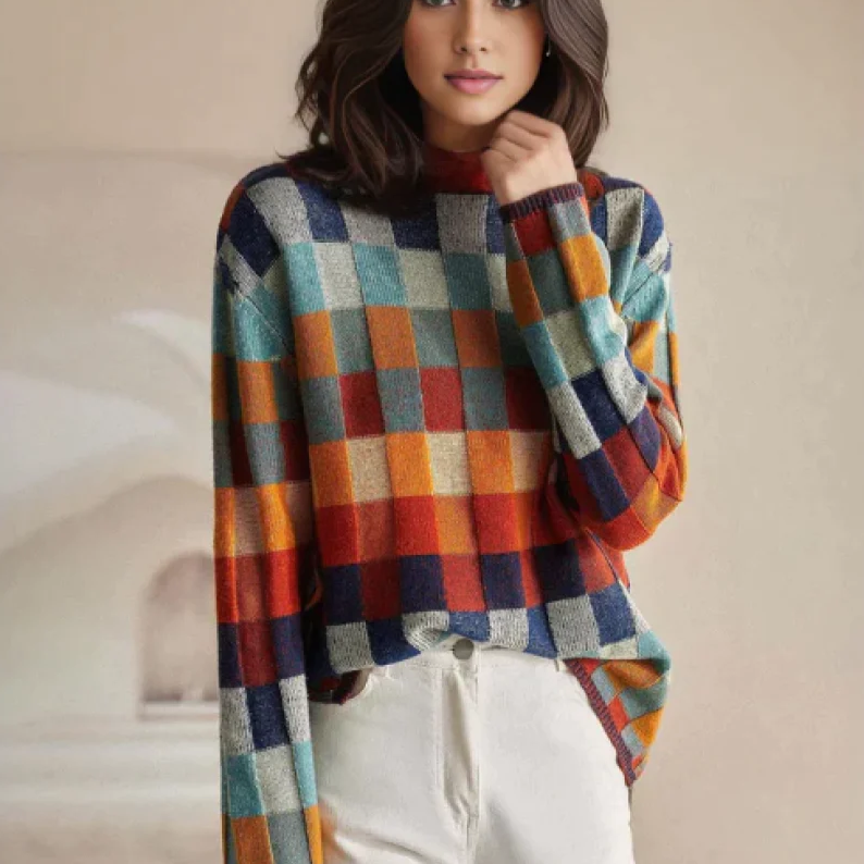 Adalynn™ - Pull à col roulé coloré avec motif en patchwork